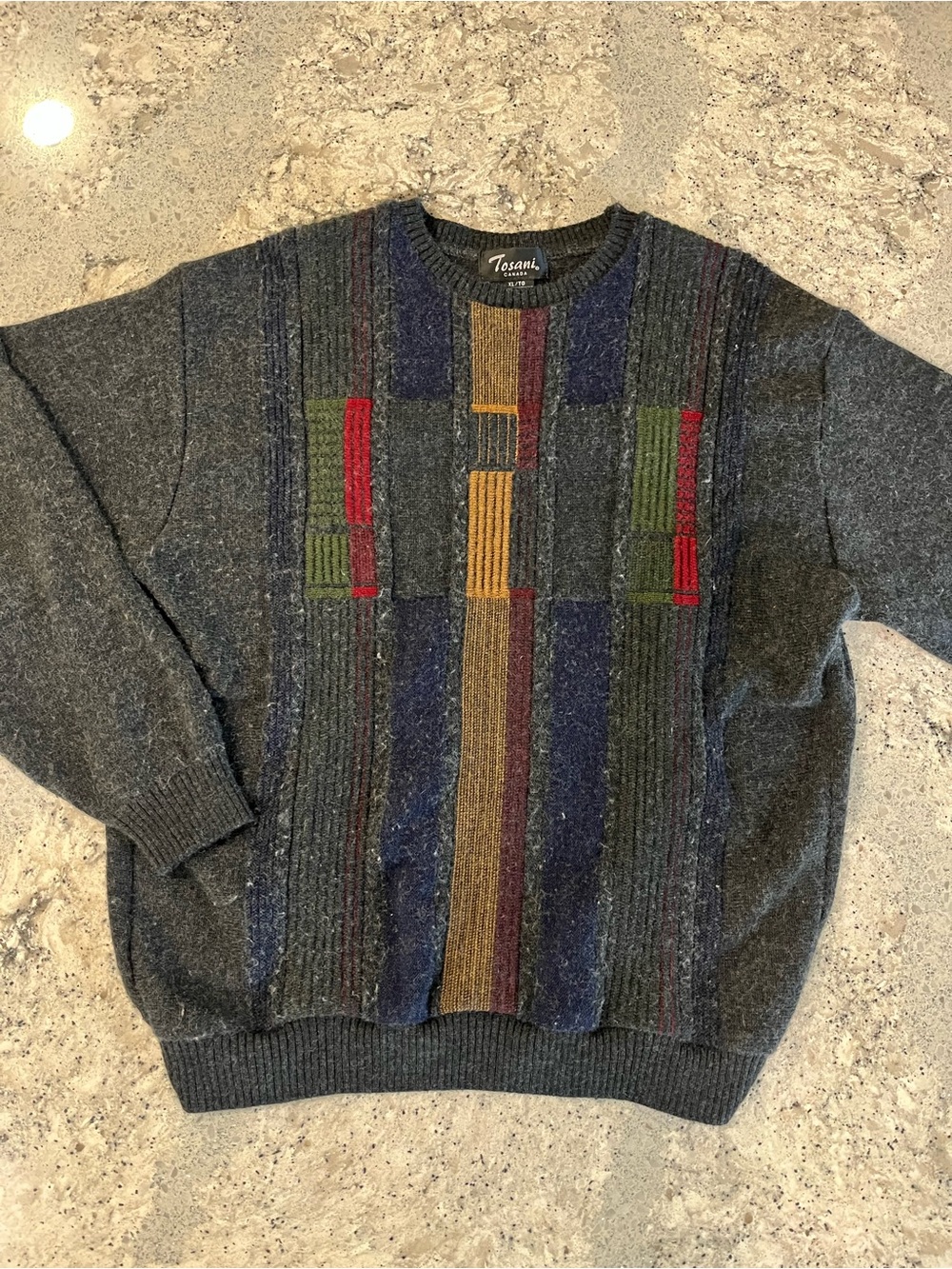 Vintage Wool Tosani Charcoal Crewneck Sweater with Multicolor 3D Stripe Blocks